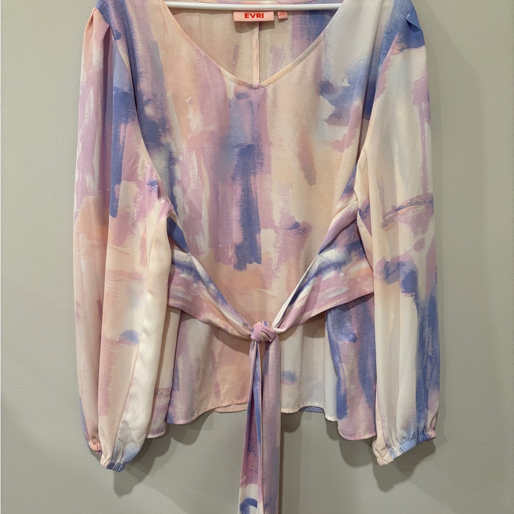 EVRI Pastel Watercolor Tie-Front Blouse in Pink & Lilac Sz 1X Artsy‎